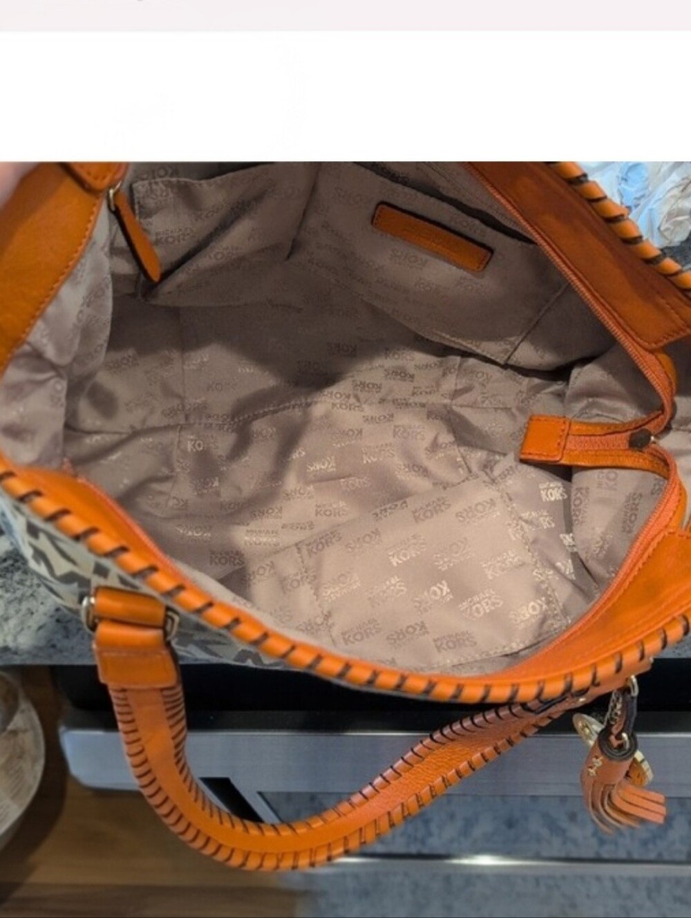 Michael Kors Brown MK Logo Tote with Orange, EC - Picture 6 of 7